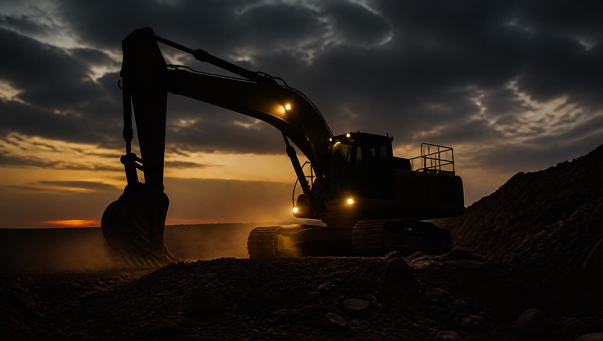 Excavator working a construction site at dusk